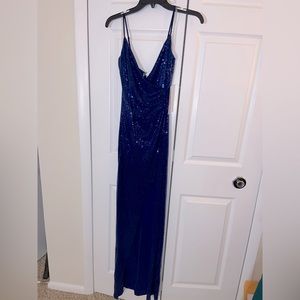 PROM: Navy Sequin Gown | V Neck, Spaghetti Strap with High Slit
